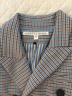 Veronica Beard Houndstooth Double-Breasted Blazer in Blue, Brown & Cream